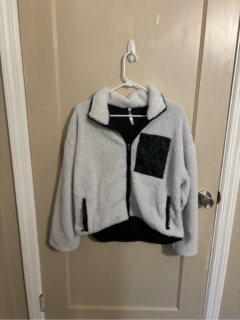 Fabletics White Teddy Jacket with Black Trim